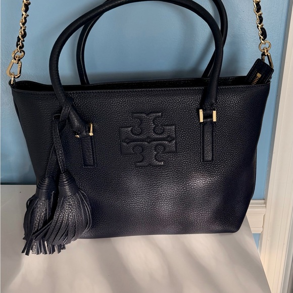 Tory Burch Handbags - Tory Burch McGraw Small Tote Navy Pebbled Leather Gold Chain Crossbody